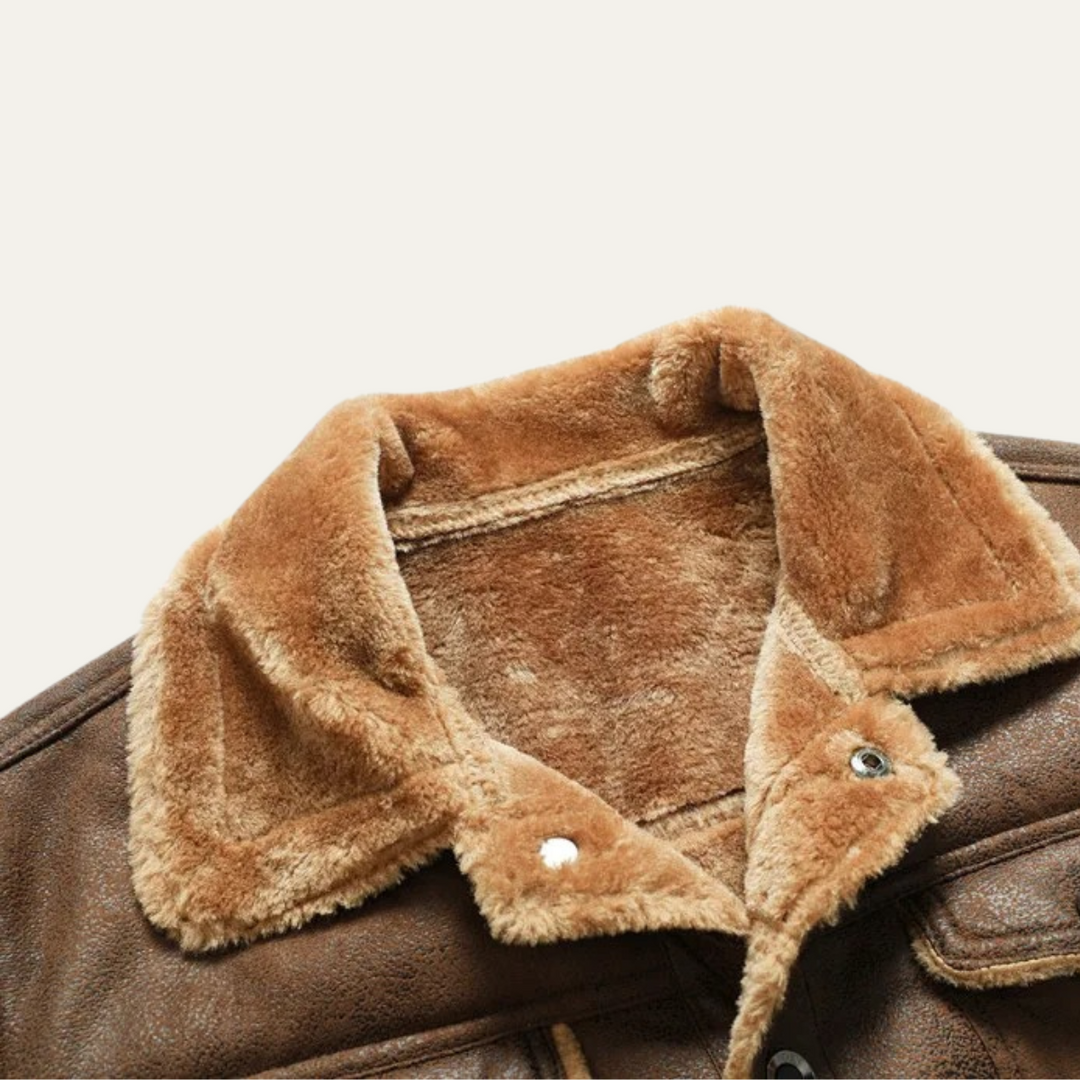 Mens Vintage Leather Jacket with Shearling Collar