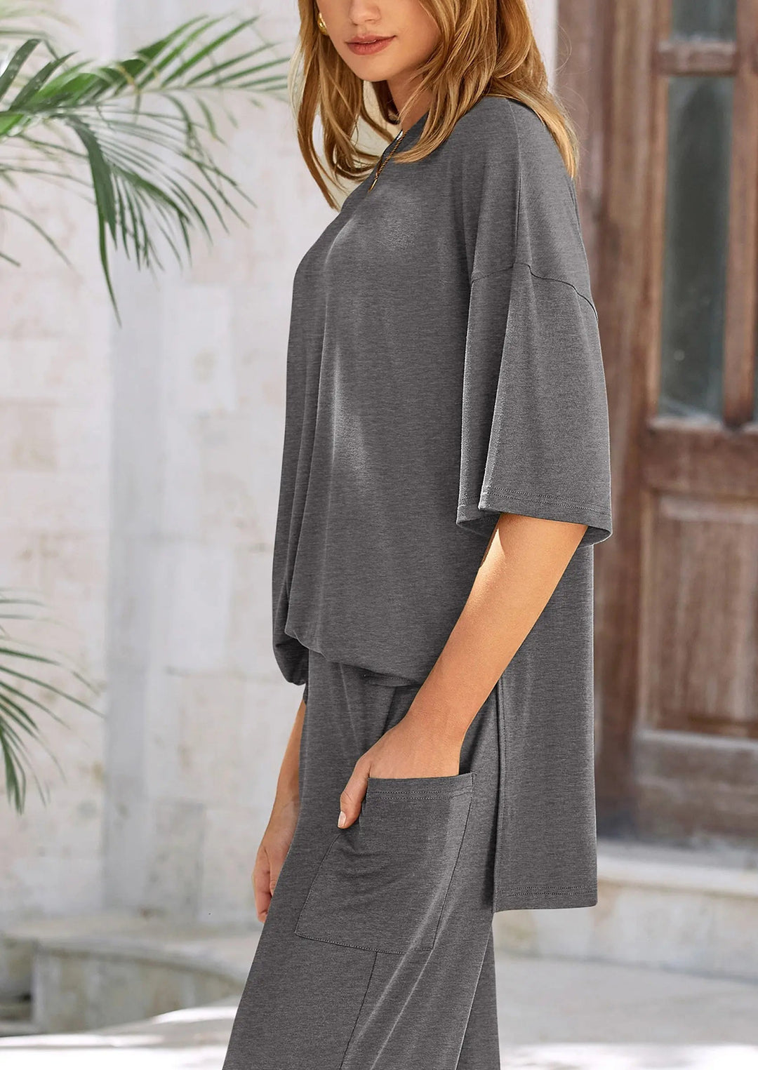 Womens Two-Piece Set Cotton Top with Slit and Loose Wide-Leg Pants