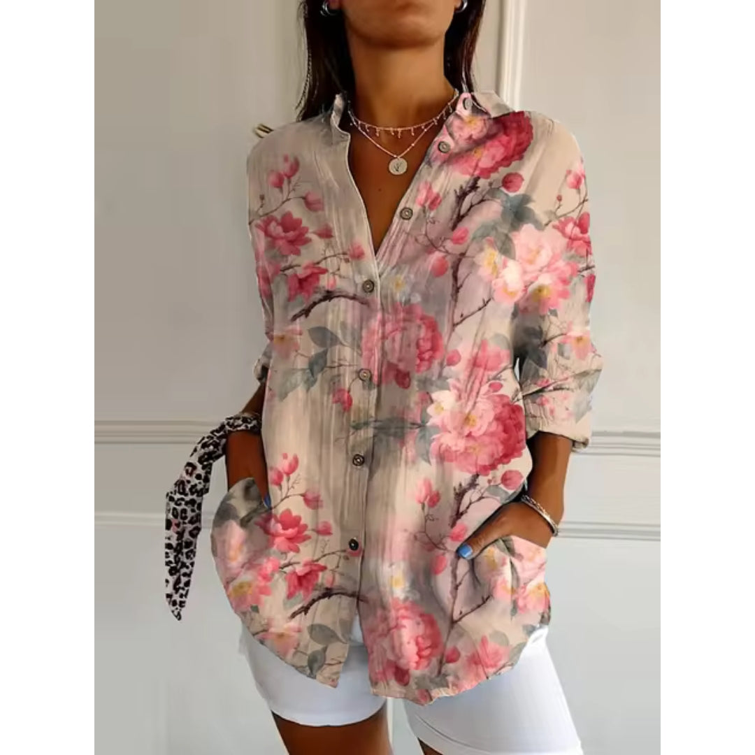 Womens Button-Up Blouse Floral Pattern Relaxed Fit - BritishMode