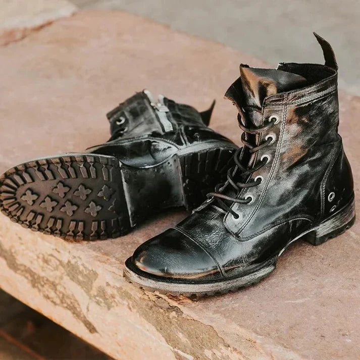 Womens Ankle Boots Lace-Up Rugged with Side Zipper - BritishMode