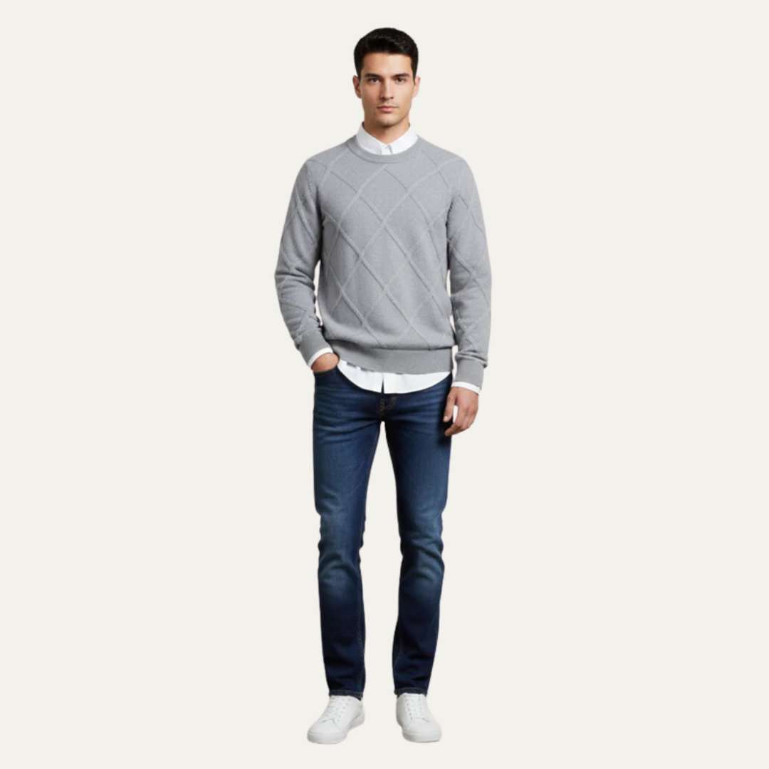 Mens Knit Sweater with Diamond Pattern Round Neck