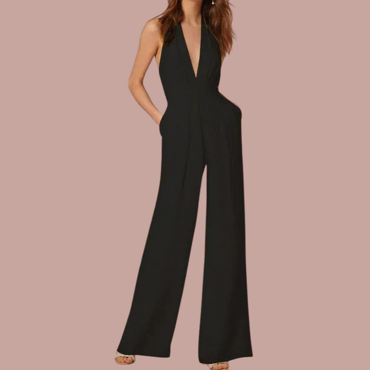 Womens Sleeveless Jumpsuit with Wide Legs and Deep V-Neck