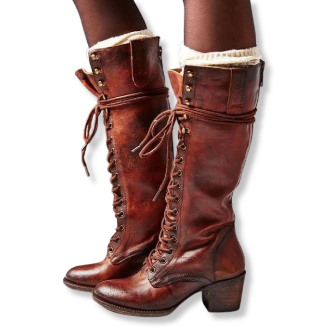 Womens Knee Boots Lace-Up Block Heel Fold-Over Cuff