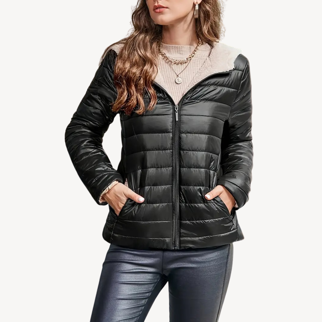Womens Puffer Jacket Sherpa Lining Zipper Closure