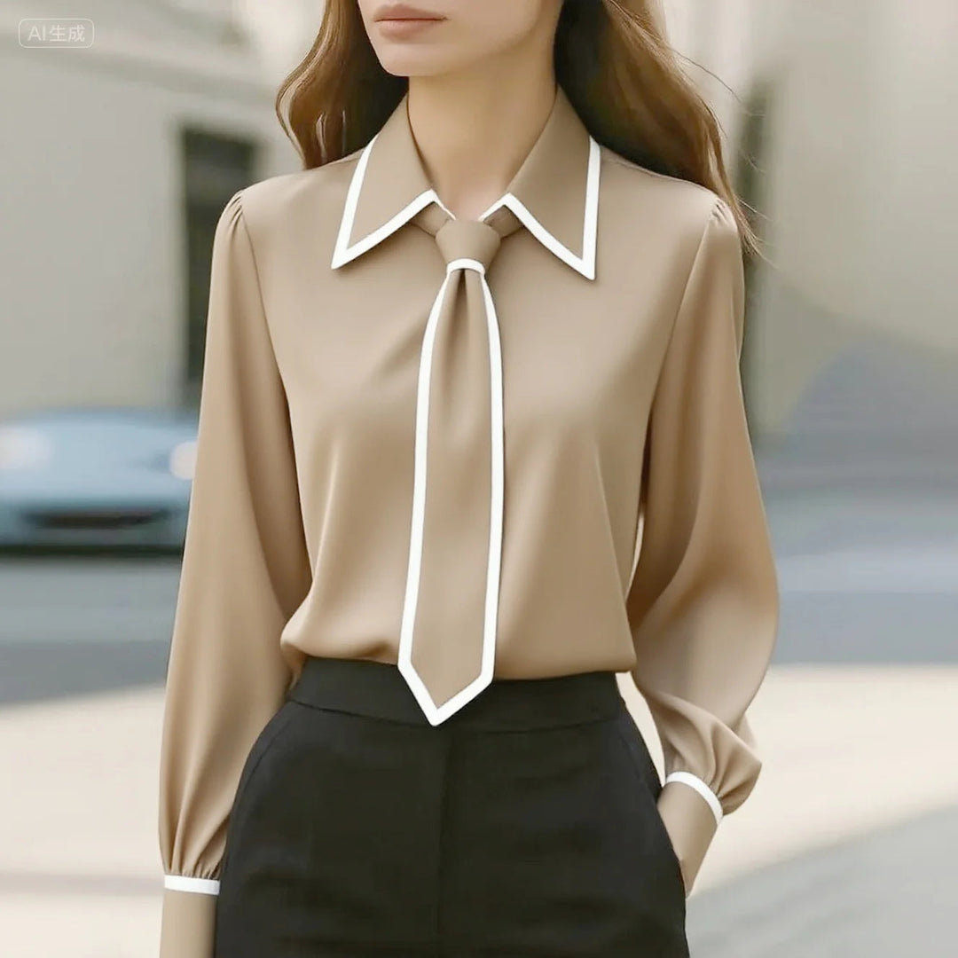 Womens Long Sleeve Blouse with Tie Neck and Contrast Collar