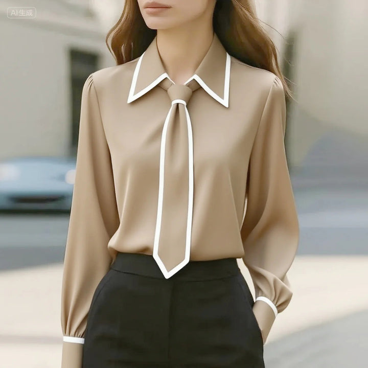 Womens Long Sleeve Blouse with Tie Neck and Contrast Collar