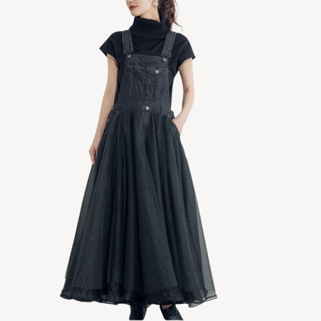 Womens Denim Overall Dress Maxi Length