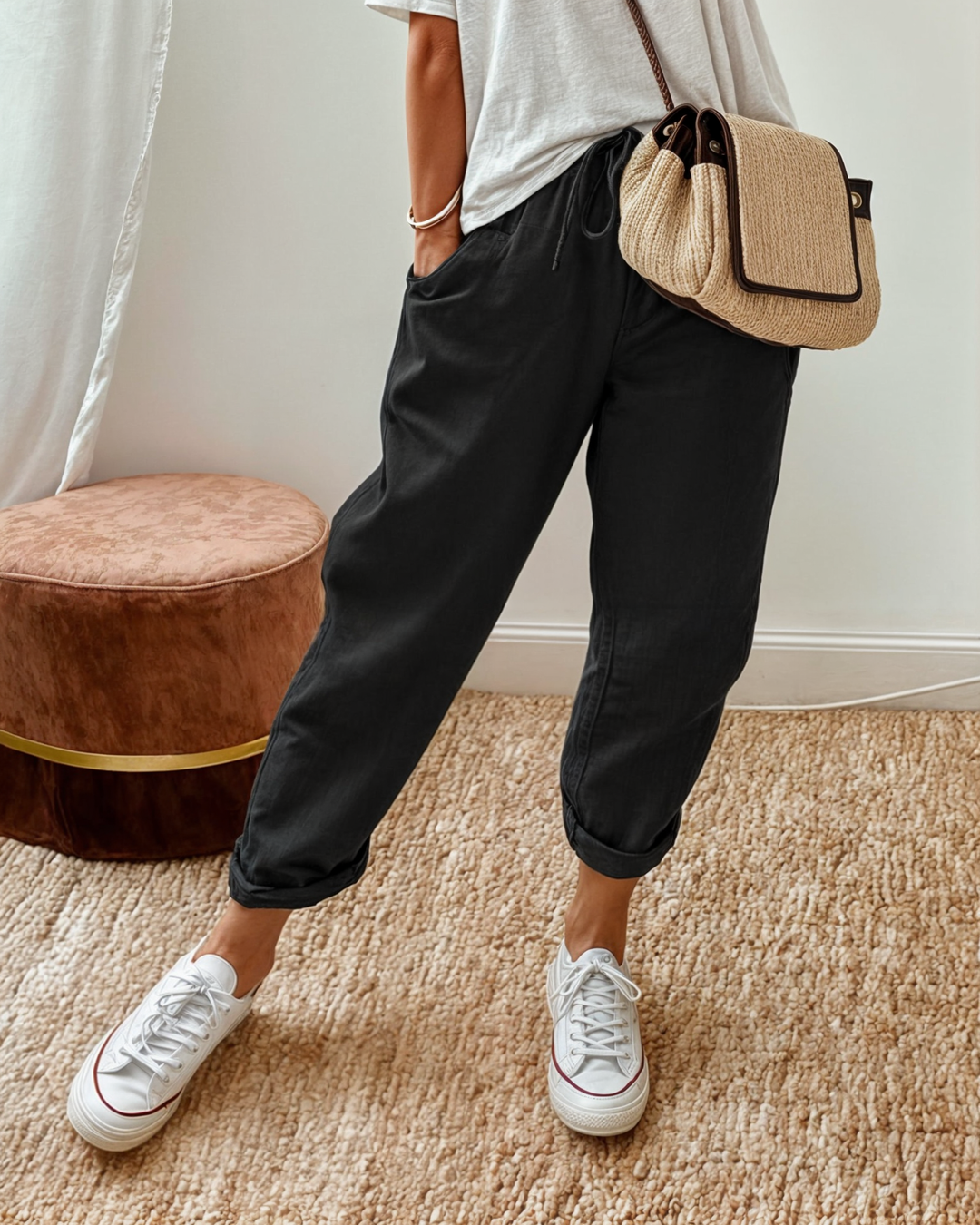 Mens Linen Jogger Trousers Textured Drawstring Fit