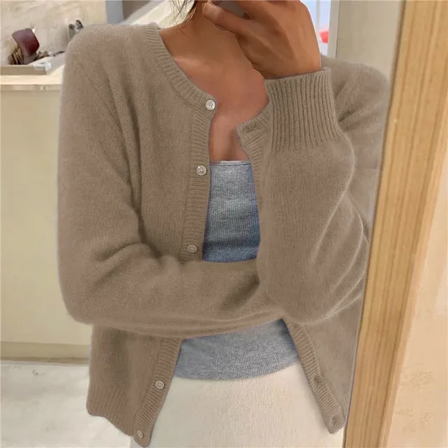 Womens Knit Cardigan Soft Fabric Round Neck Long Sleeve
