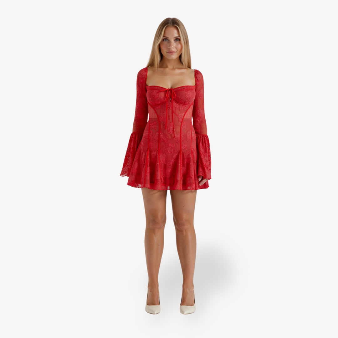 Womens Mini Dress with Lace Long Sleeve - BritishMode