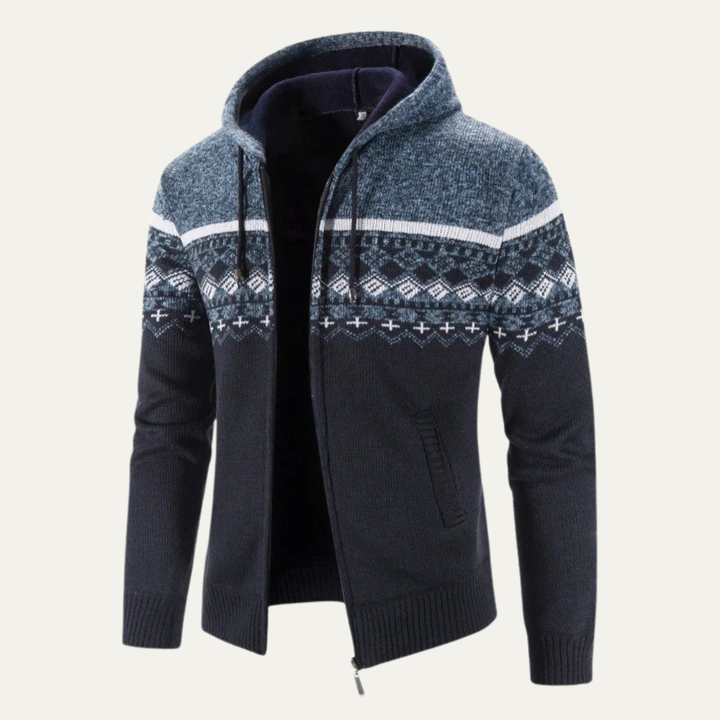 Mens Knit Hooded Zip Jacket Color Block Design