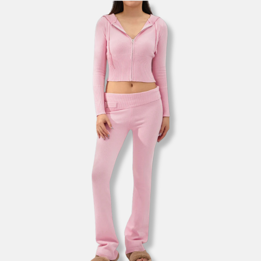 Womens Two-Piece Set Ribbed Hooded Jacket and Bootcut Pants Casual Fit - BritishMode