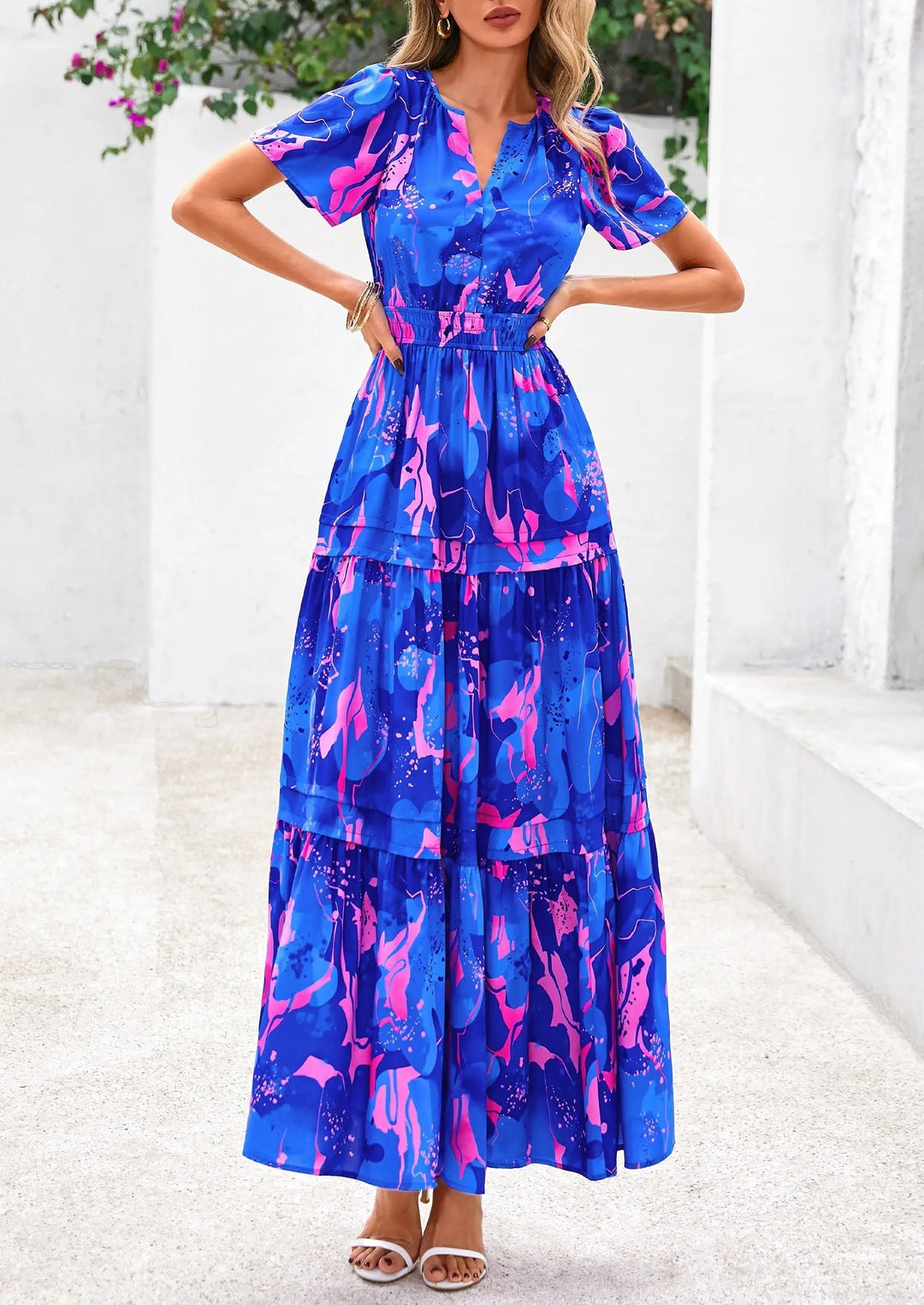 Womens Maxi Dress Floral Boho V-Neck Short Sleeve Flowy A-Line
