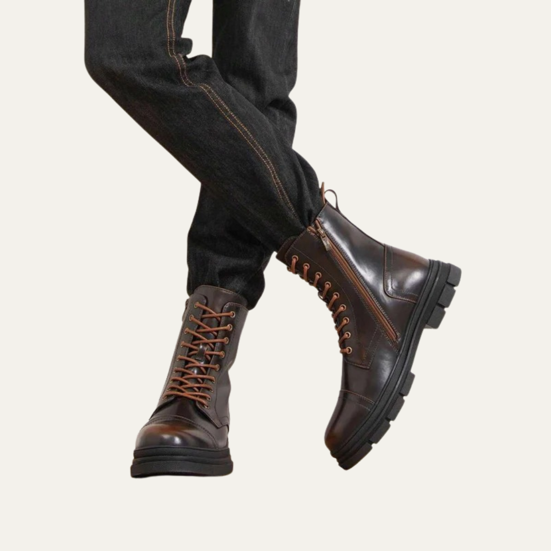 Mens Combat Boots Leather Cap Toe Side Zipper