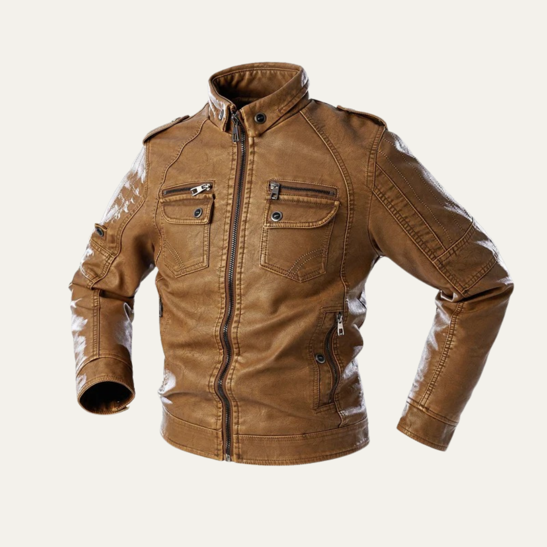 Mens Leather Jacket Biker Style Multi Pocket