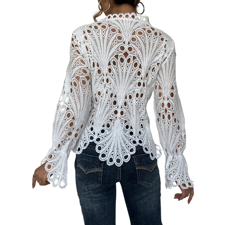 Womens Lace Blouse with Cutwork Long Sleeve Hollow Out