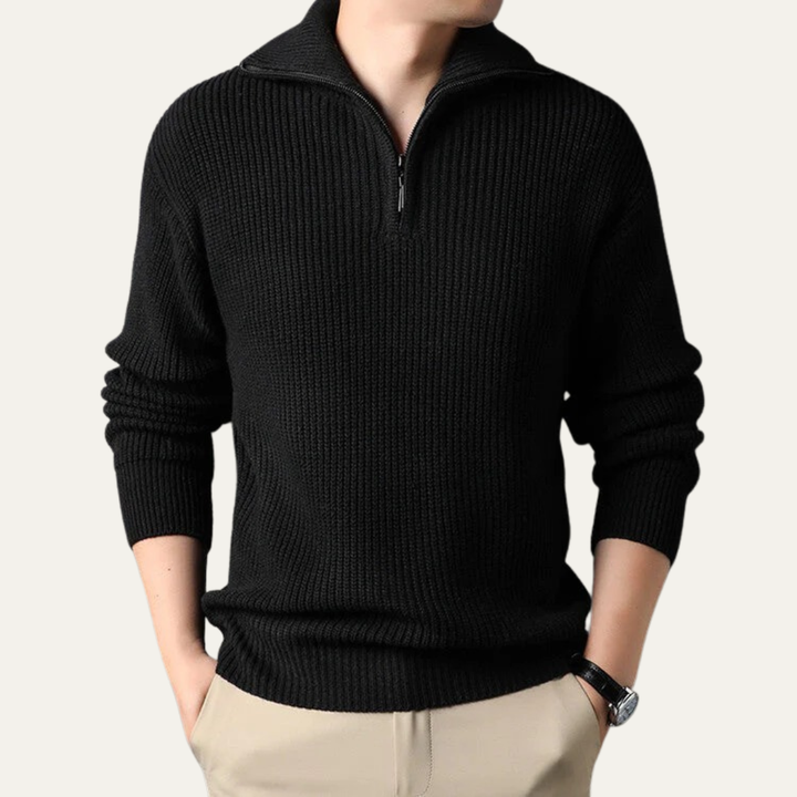 Mens Ribbed Quarter-Zip Sweater Turn-Down Collar