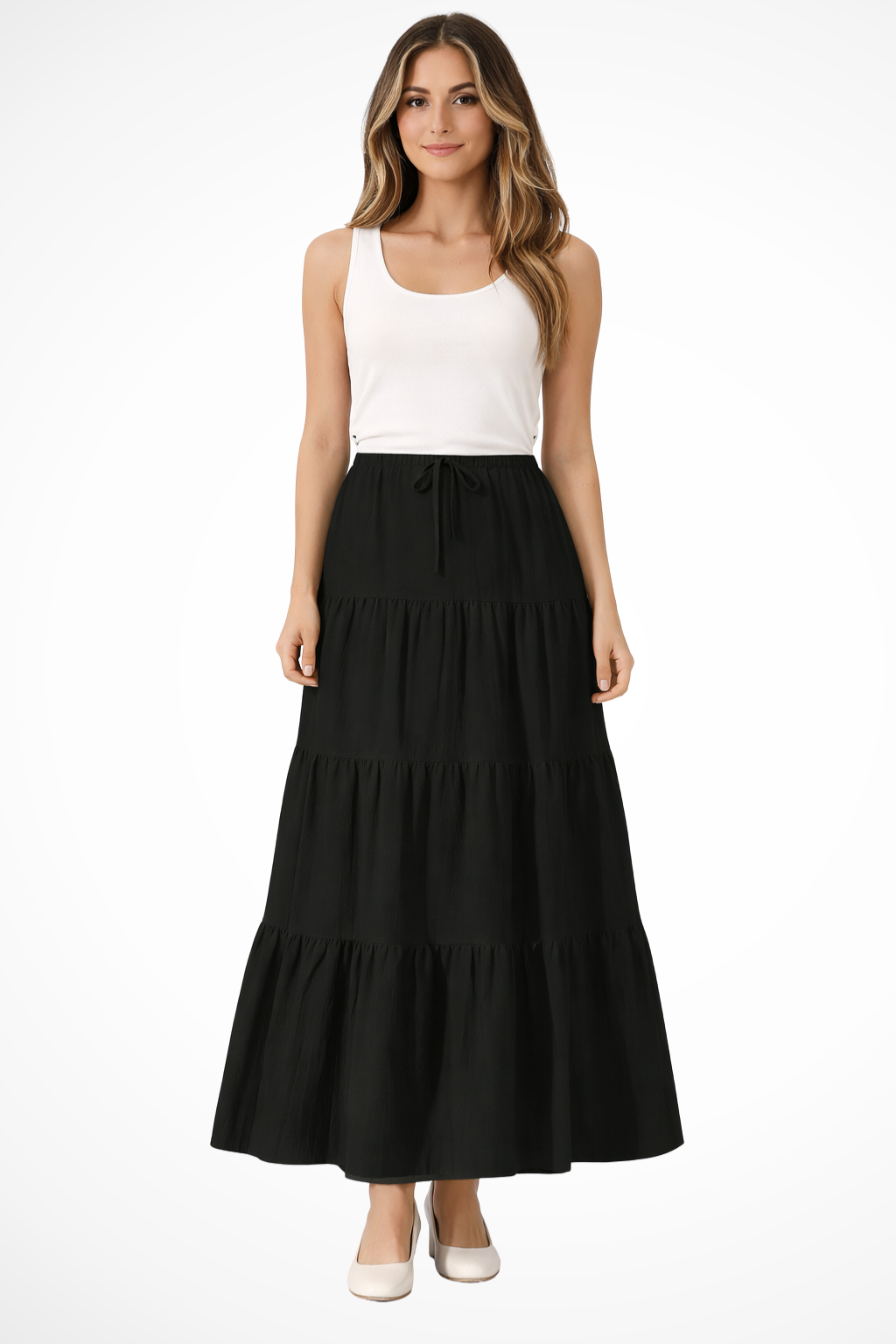 Womens Maxi Skirt Elastic Waist Drawstring Tiered Boho Style