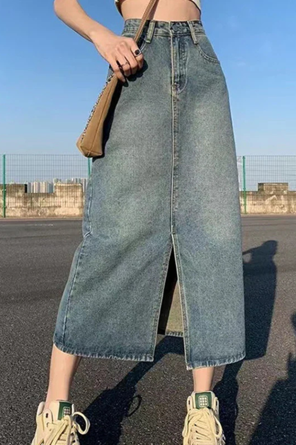 Womens Denim Maxi Skirt High Waist A-Line Front Split