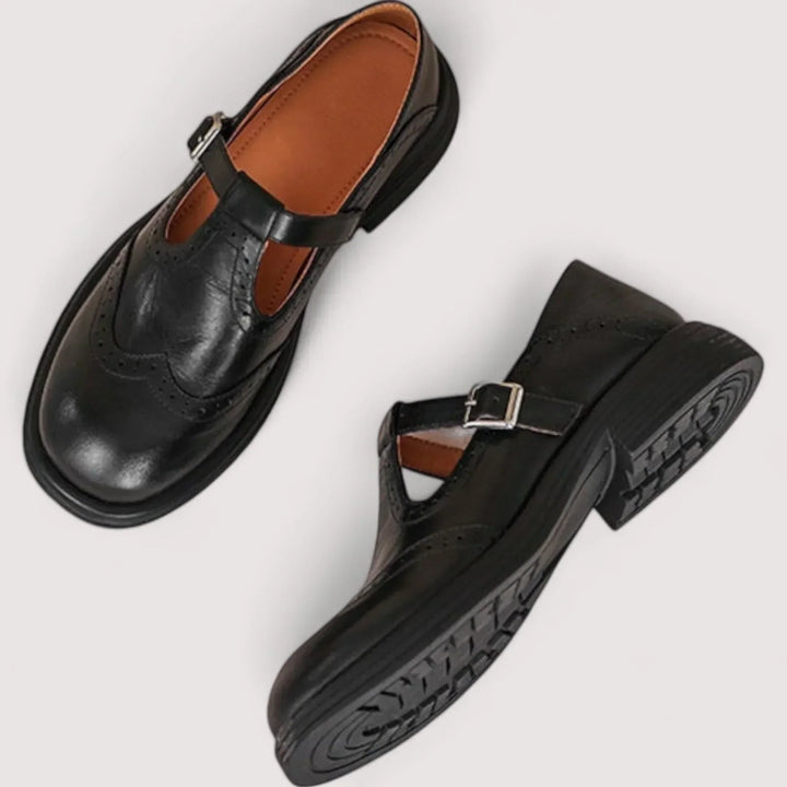 Womens Mary Jane Flat Shoes Brogue T-Bar Buckle Style