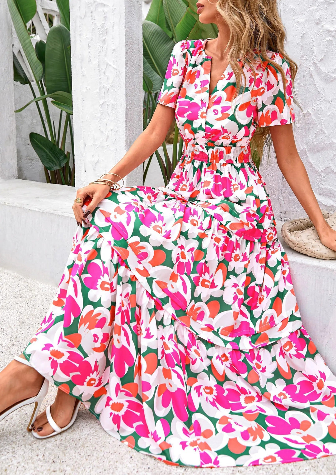 Womens Maxi Dress Floral Boho V-Neck Short Sleeve Flowy A-Line