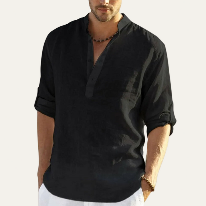 Mens Linen Shirt Collarless Placket Style