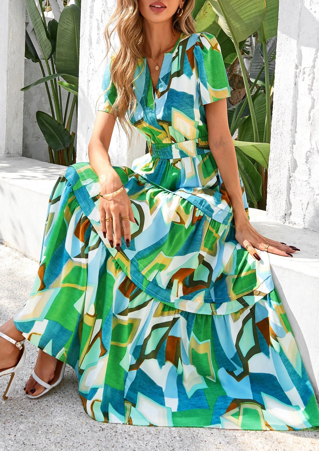 Womens Maxi Dress Floral Boho V-Neck Short Sleeve Flowy A-Line