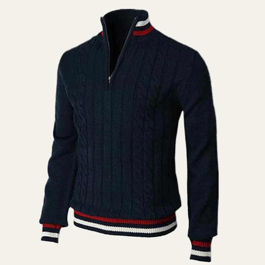 Mens Cable Knit Sweater Mock Neck Zip Front