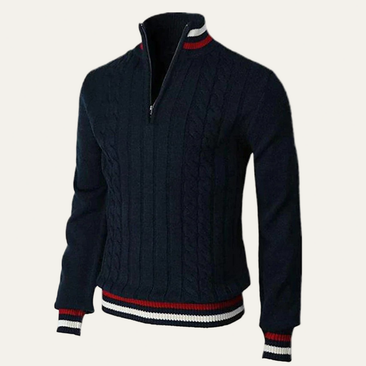 Mens Cable Knit Sweater Mock Neck Zip Front