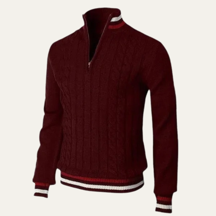 Mens Cable Knit Quarter Zip Sweater Contrast Trim Regular Fit