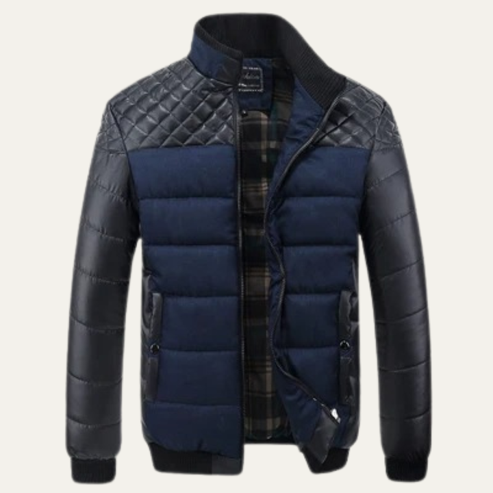 Mens Quilted Leather Jacket with Padded Stand Collar