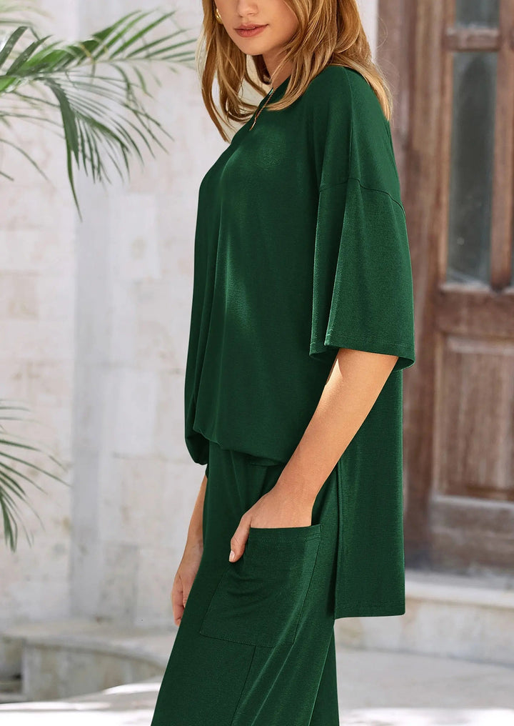 Womens Two-Piece Set Cotton Top with Slit and Loose Wide-Leg Pants