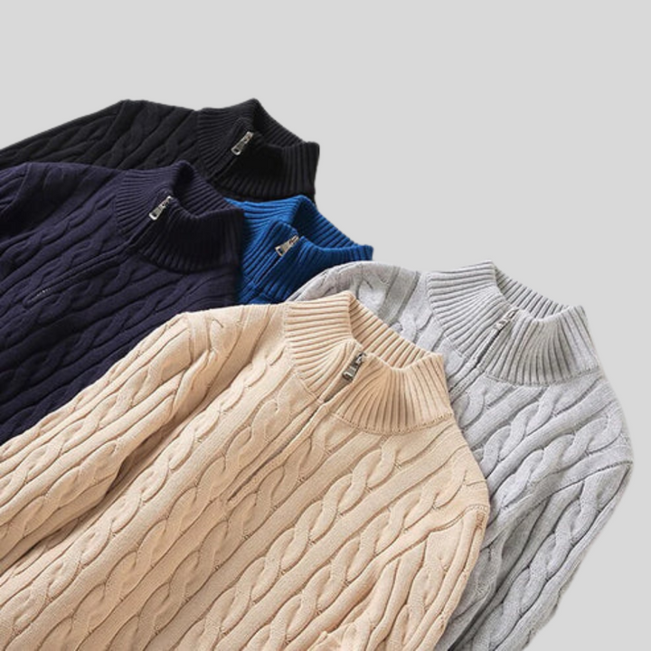 Mens Cable Knit Sweater Mock Neck Quarter Zip