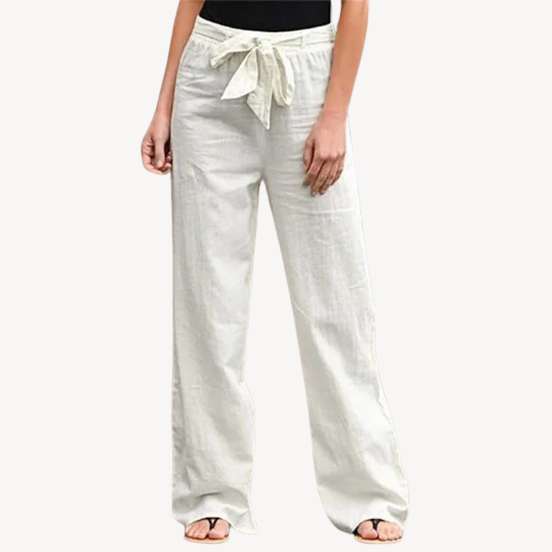 Womens Linen Trousers Wide Leg Drawstring Waist - BritishMode