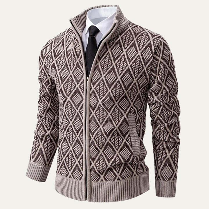 Mens Knit Zip Jacket with Diamond Pattern Stand Collar