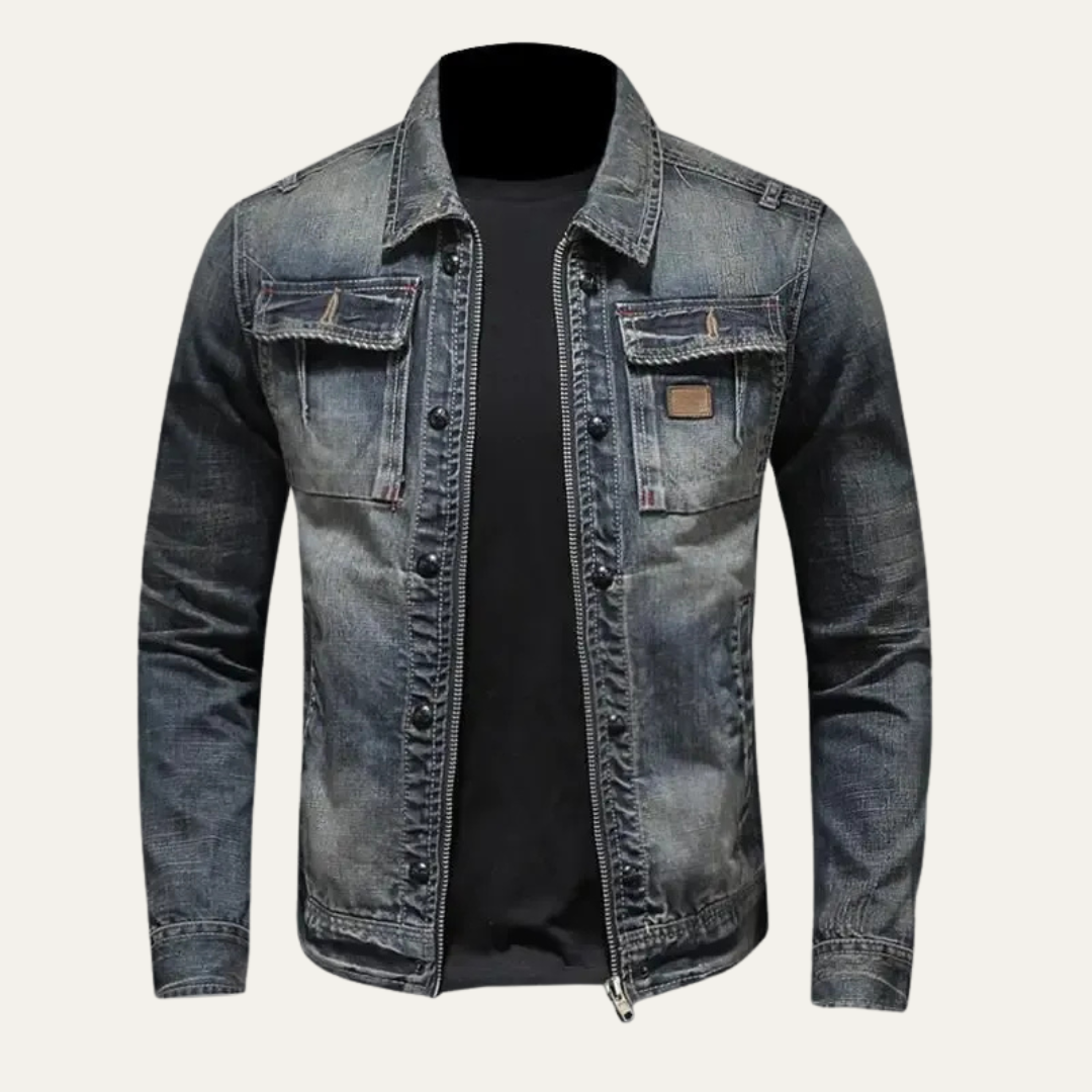 Mens Denim Jacket Full Zip Distressed Fit