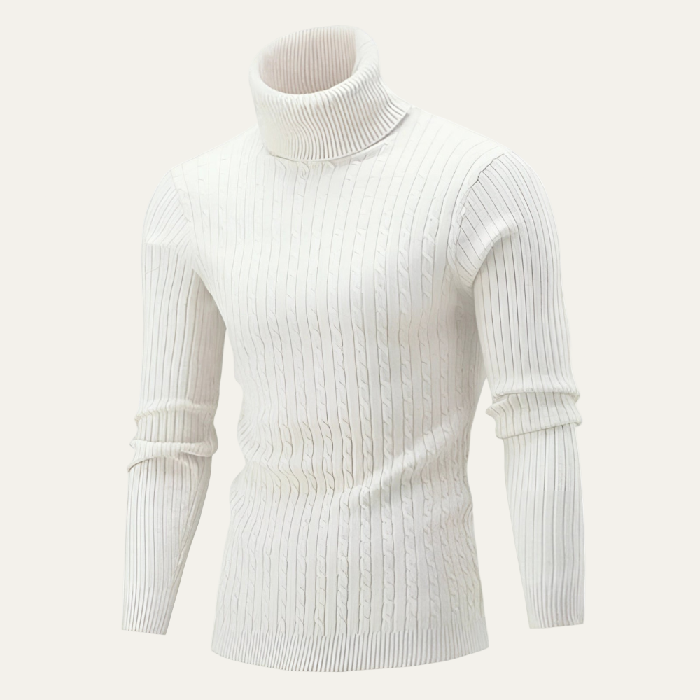 Mens Turtleneck Sweater Ribbed Cable Knit Slim Fit