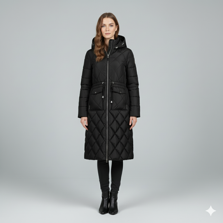 Womens Quilted Padded Jacket with Hood Knee-Length Fit