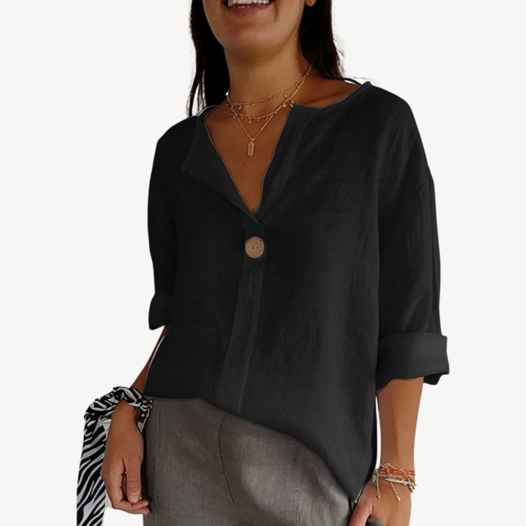 Womens Linen Blouse Long Sleeve V-Neck - BritishMode