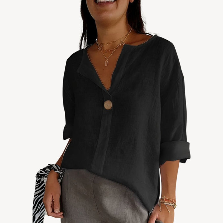 Womens Linen Blouse Long Sleeve V-Neck - BritishMode