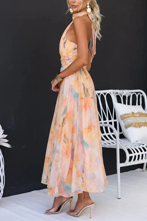 Womens Floral Dress with Petal Detail and Sunset Print