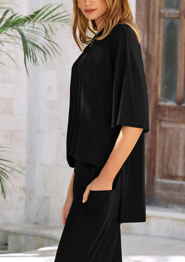 Womens Two-Piece Set Cotton Top with Slit and Loose Wide-Leg Pants