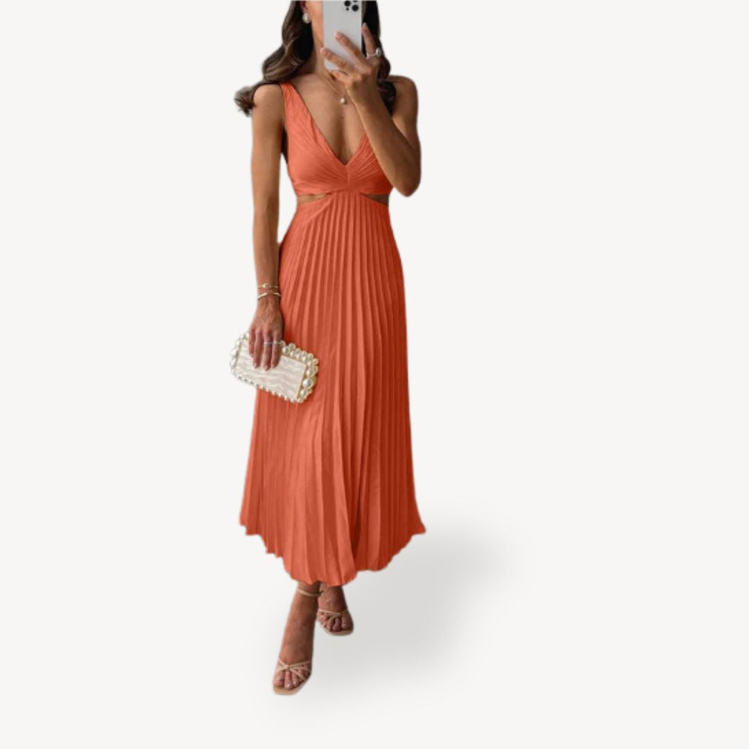 Womens Midi Dress Pleated Cutout Design