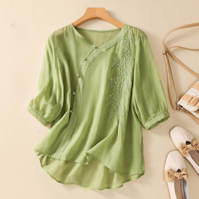 Womens Tunic Top Off-Center Button Relaxed Fit
