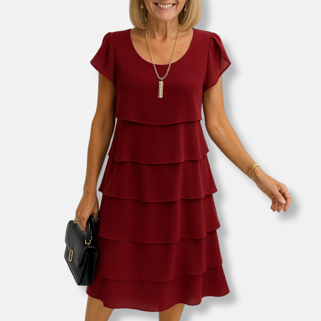 Womens A-Line Dress Tiered Scoop Neck Flutter Sleeve