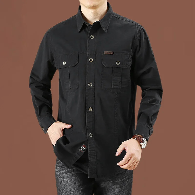 Unisex Work Shirt Cotton Relaxed Fit Long Sleeve with Pockets - BritishMode