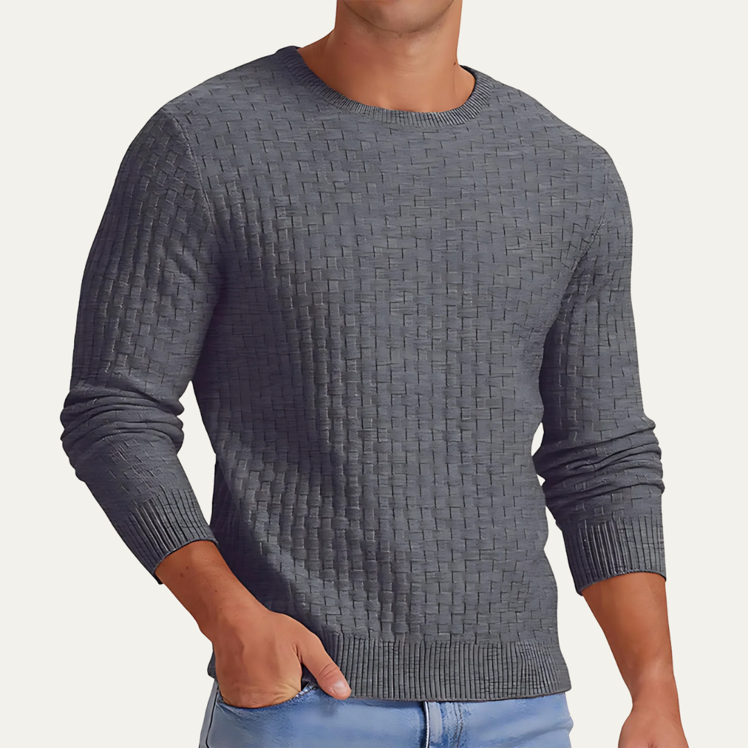 Mens Crew Neck Sweater Textured Basket Weave Knit