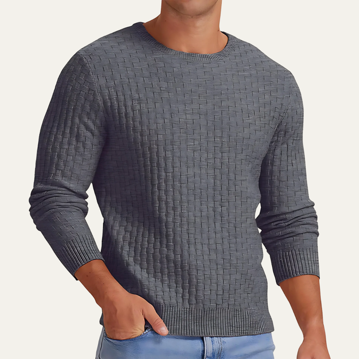 Mens Crew Neck Sweater Textured Basket Weave Knit