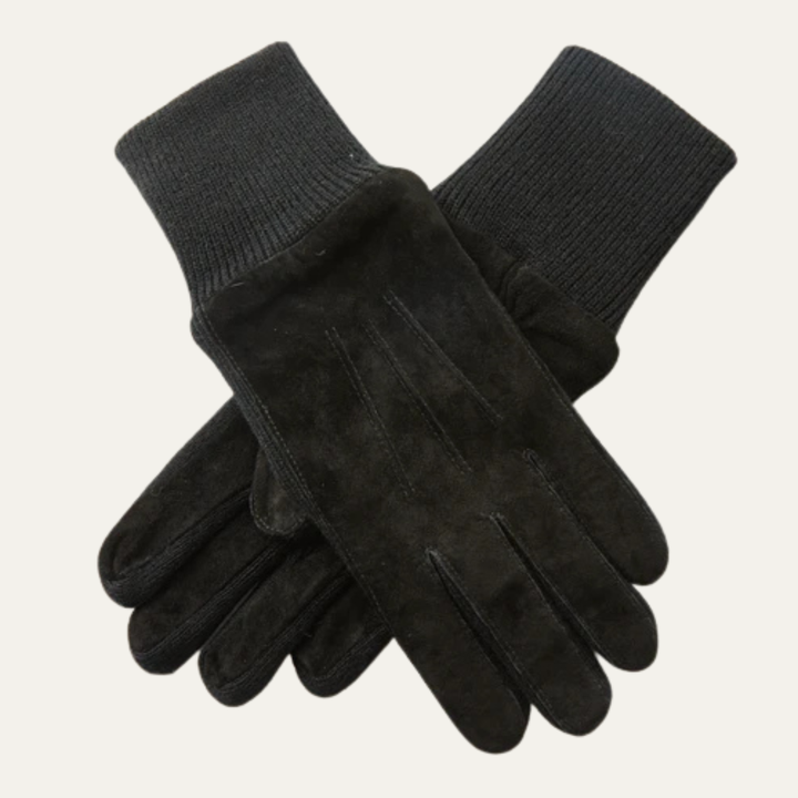 Mens Suede Gloves with Fleece Lining and Knit Cuffs