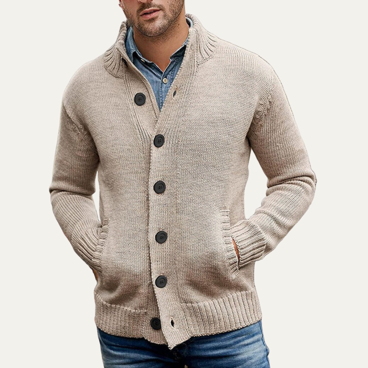Mens Button Cardigan Chunky Knit Mock Neck